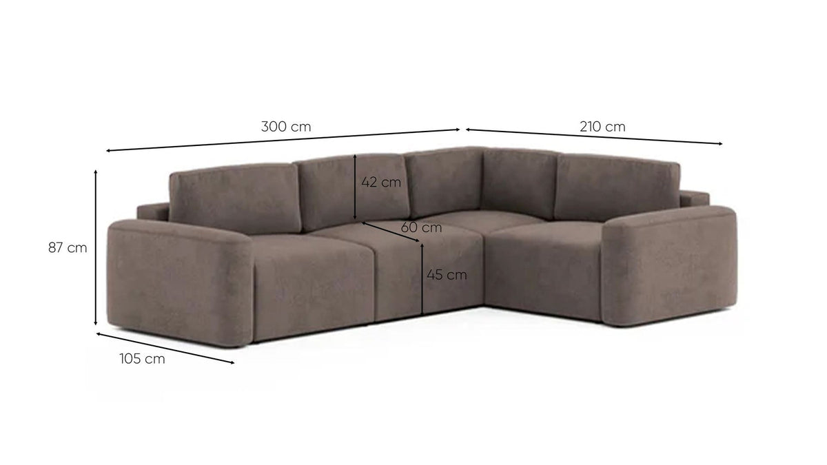 Braunes Ecksofa rechts der Mono Lilly Serie von Hanah Home mit Gestell aus Buchenholz und Spanplatte, Kunststoffbeinen und Polsterung.