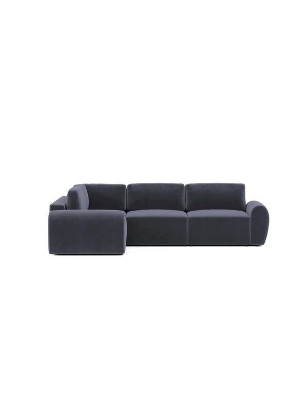 Petrolblaues Ecksofa mit Buchenholzgestell, Kunststoffbeinen und gepolsterten Sitzkissen, links ausgerichtet, Frontalansicht.