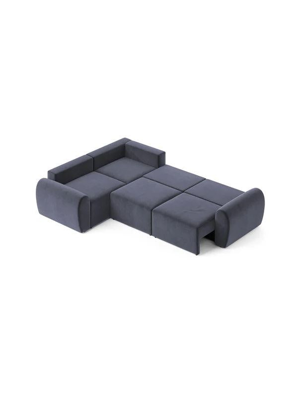 Petrolblaues Ecksofa mit Buchenholzgestell, Kunststoffbeinen und gepolsterten Sitzkissen, links ausgerichtet, Frontalansicht.