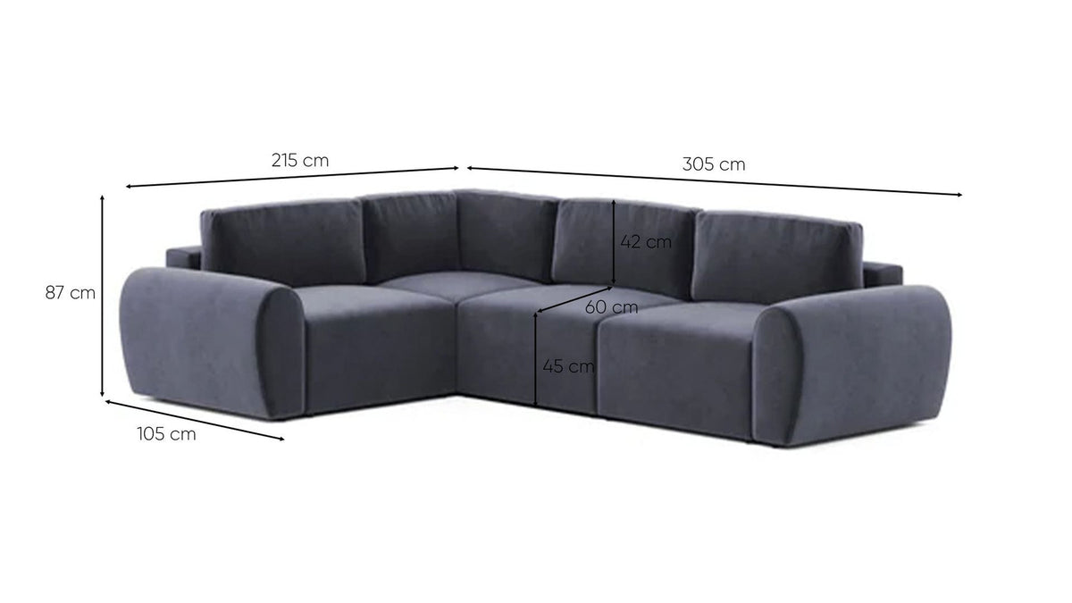 Petrolblaues Ecksofa mit Buchenholzgestell, Kunststoffbeinen und gepolsterten Sitzkissen, links ausgerichtet, Frontalansicht.