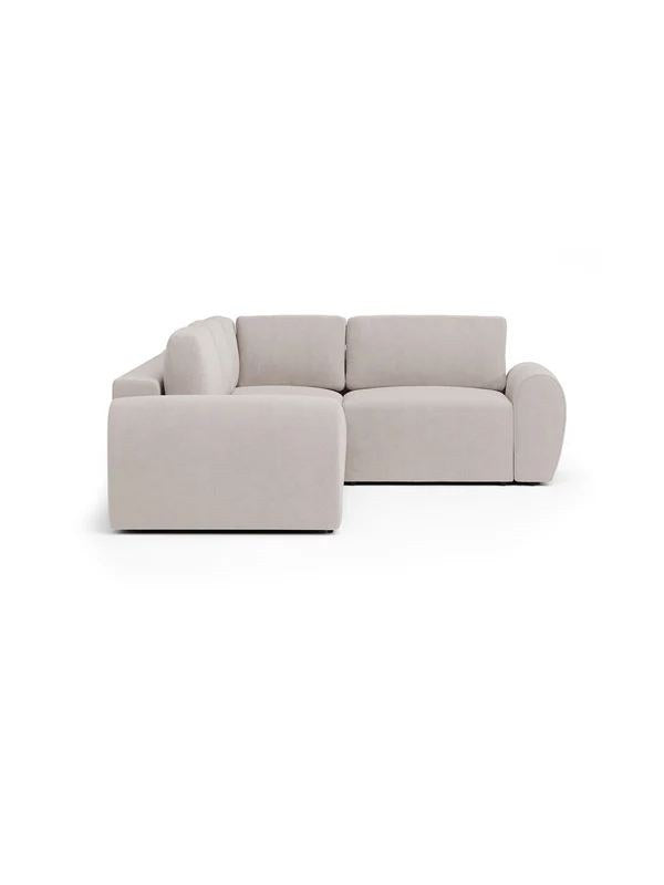 Ecksofa Mono P rechts in Ecru mit Buchenholzgestell, Kunststoffbeinen und gepolsterten Sitzflächen, Ansicht von vorne.