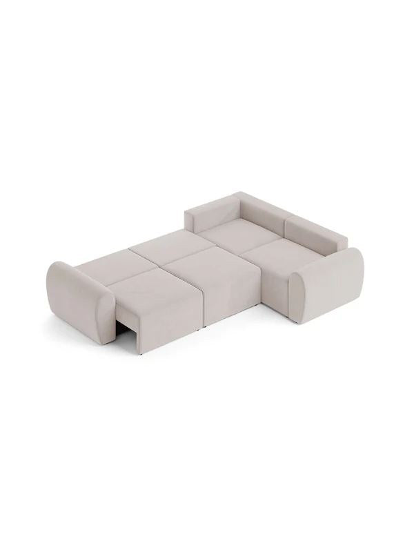 Ecksofa Mono P rechts in Ecru mit Buchenholzgestell, Kunststoffbeinen und gepolsterten Sitzflächen, Ansicht von vorne.