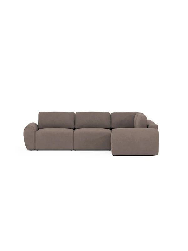 Braunes Ecksofa rechts mit Kunststoffbeinen, Gestell aus Buchenholz und Spanplatte, gepolstert mit weichem Schaumstoff, Sitzhöhe 45 cm.
