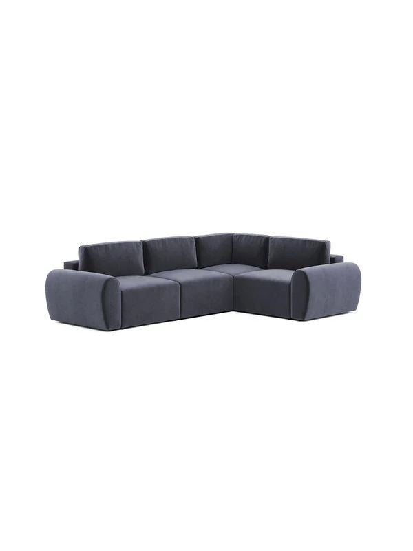 Ecksofa rechts in Petrolblau mit Buchenholzgestell, Spanplatte und Kunststoffbeinen, Sitzhöhe 45 cm, von Hanah Home.