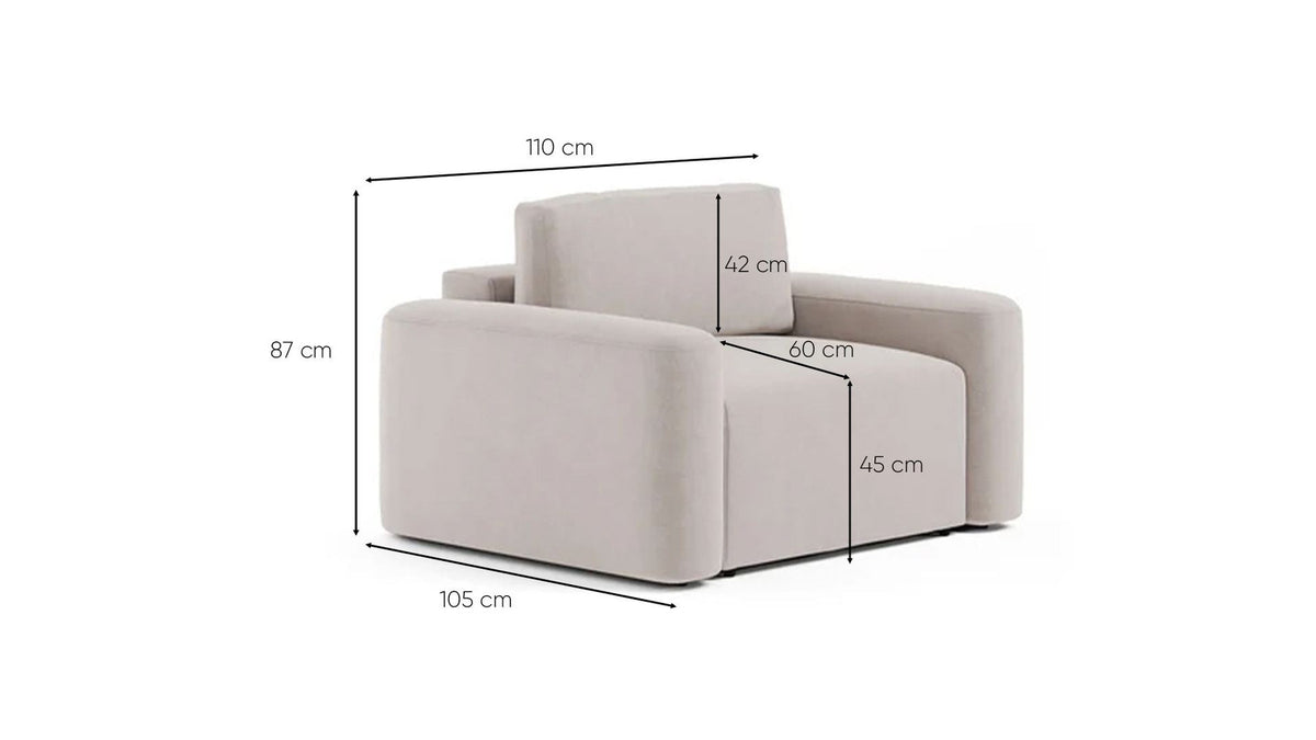 Cremefarbenes 1-Sitzer Sofa Mono Lily mit Buchenholzgestell, weichen Schaumstoffkissen und Kunststoffbeinen, Sitzhöhe 45 cm.