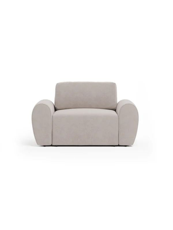 Cremefarbenes 1-Sitzer Sofa Mono P aus Buchenholz mit Kunststoffbeinen, gepolsterter Sitzfläche und Rückenlehne, Frontalansicht auf hellem Hintergrund.