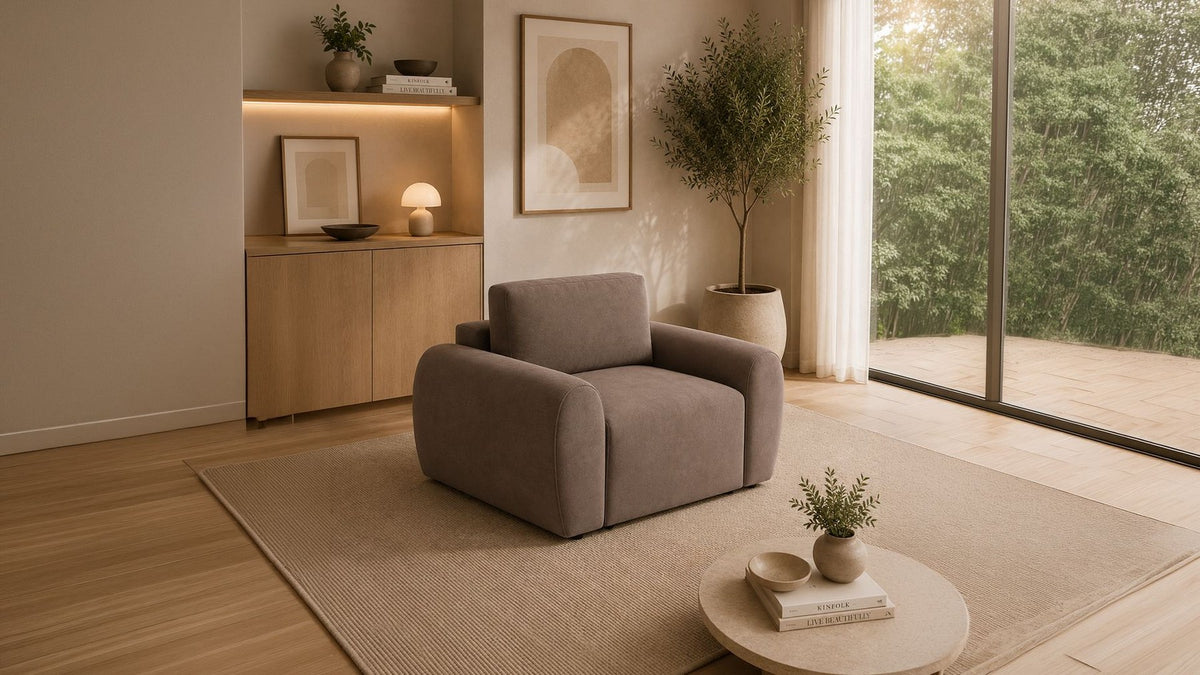 Braunes 1-Sitzer Sofa Mono P von Hanah Home mit Gestell aus Buchenholz und Spanplatte, Schaumstoffpolsterung und schlanken Kunststoffbeinen.