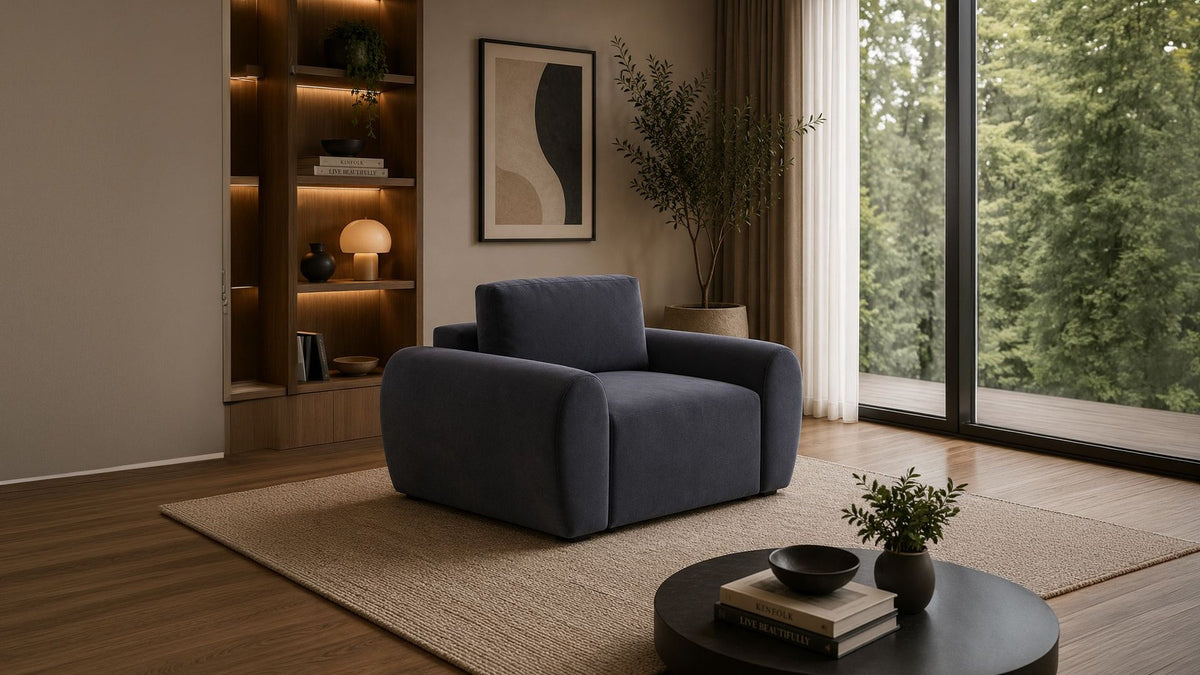 Petrolblaues 1-Sitzer Sofa Mono P mit Gestell aus Buchenholz und Spanplatte, Kunststoffbeinen und gepolsterter Sitzfläche aus Schaumstoff.