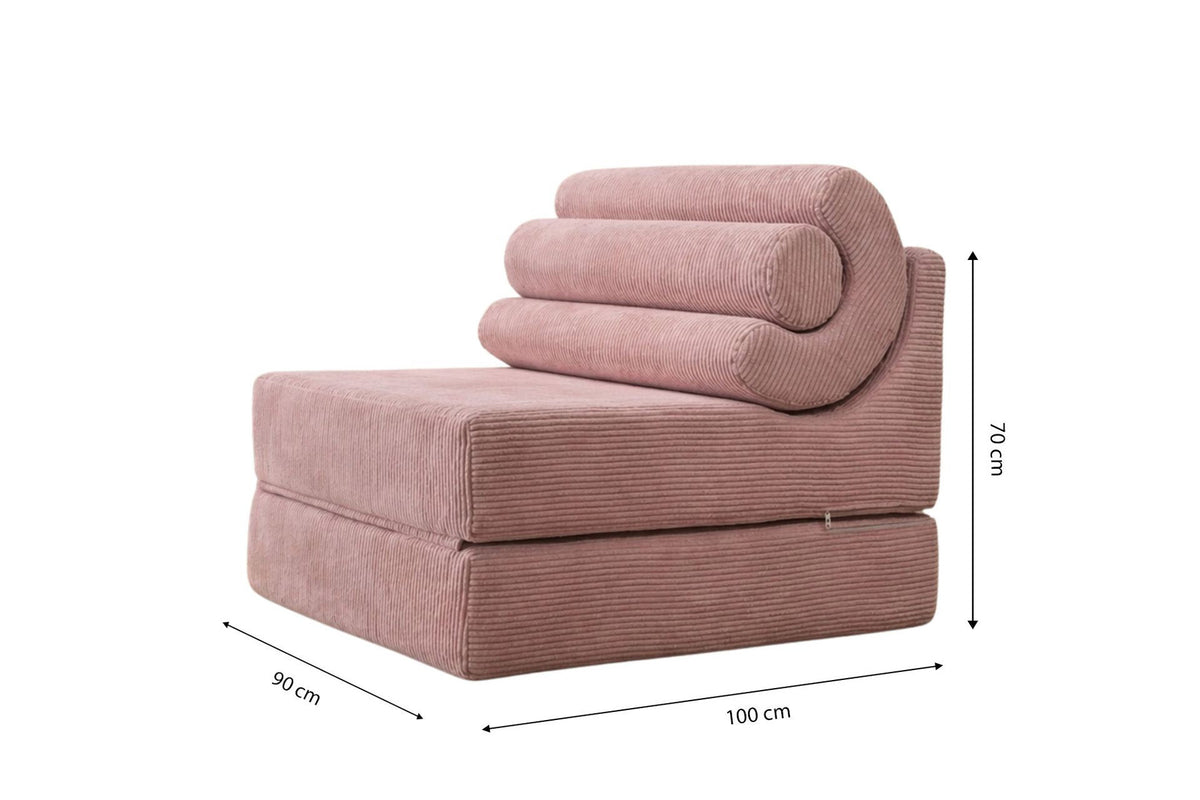 Rosa 1-Sitzer Schlafsofa aus Schaumstoff, kompakte Form, links als Sofa, rechts ausgeklappt als Bett mit sichtbarer Liegefläche.