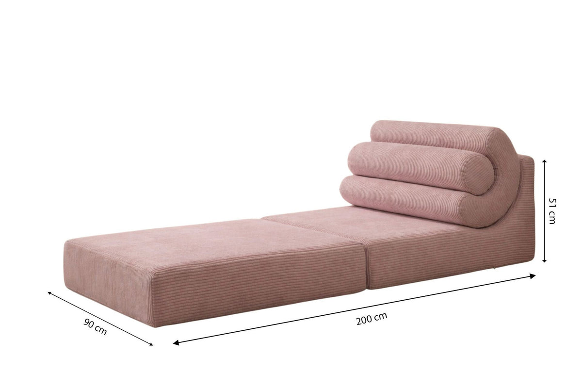 Rosa 1-Sitzer Schlafsofa aus Schaumstoff, kompakte Form, links als Sofa, rechts ausgeklappt als Bett mit sichtbarer Liegefläche.