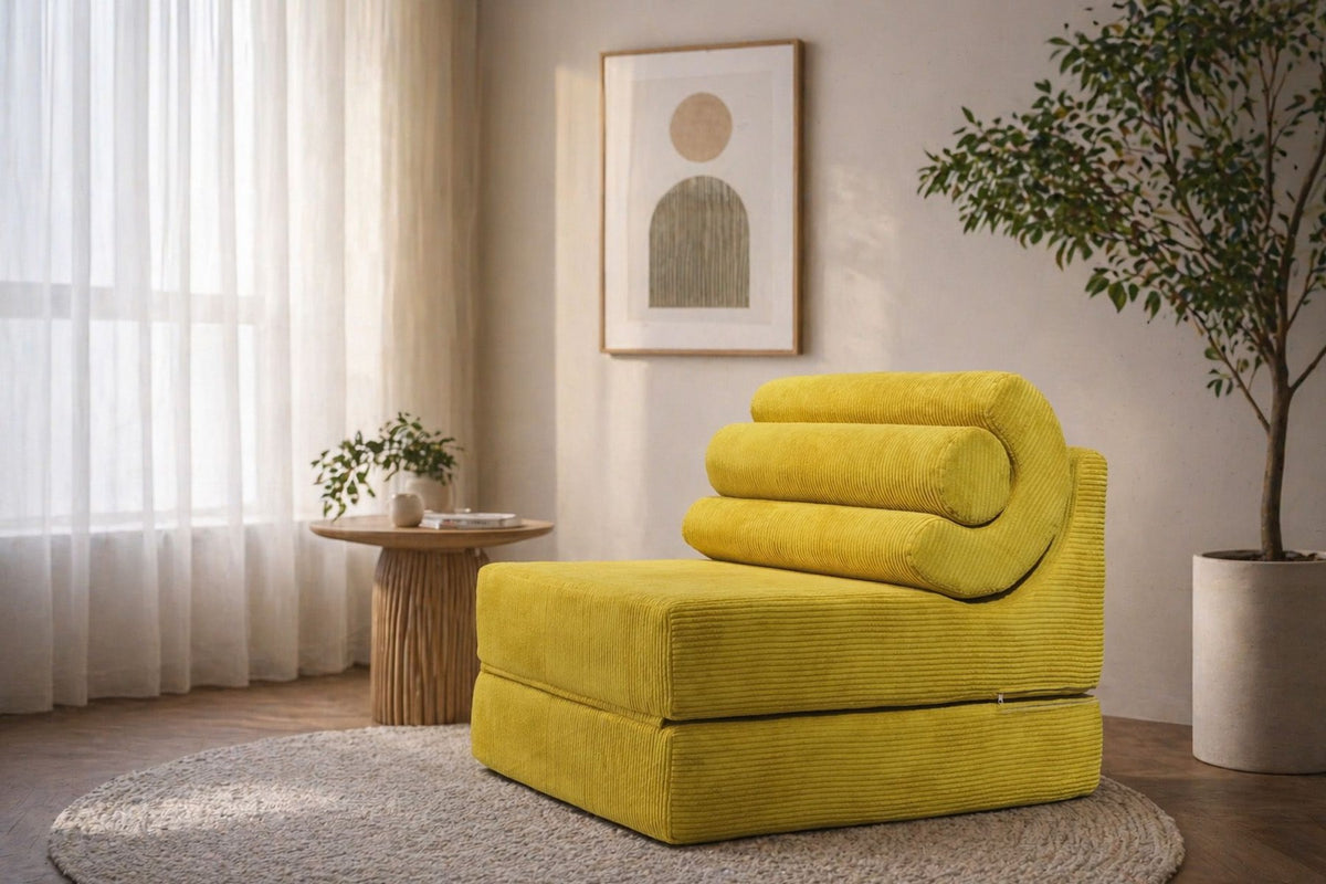 Ölgrünes 1-Sitzer Schlafsofa von Hanah Home aus Schaumstoff, ausgeklappt als Bett mit gepolsterter Sitzfläche und ohne sichtbares Gestell.