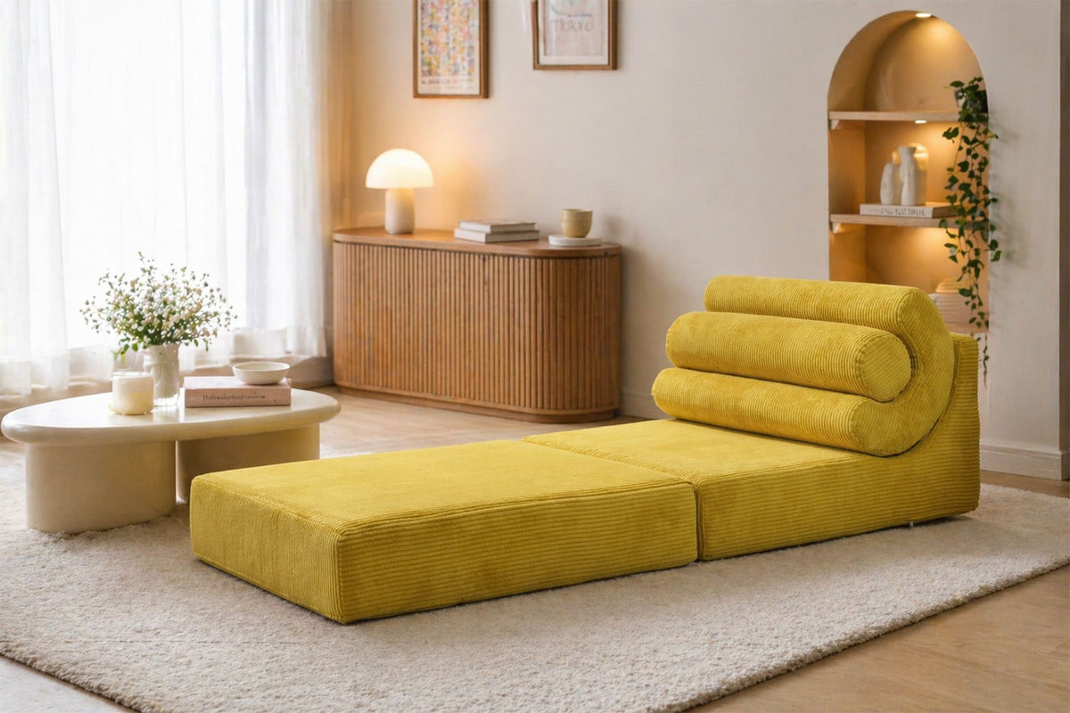 Ölgrünes 1-Sitzer Schlafsofa von Hanah Home aus Schaumstoff, ausgeklappt als Bett mit gepolsterter Sitzfläche und ohne sichtbares Gestell.