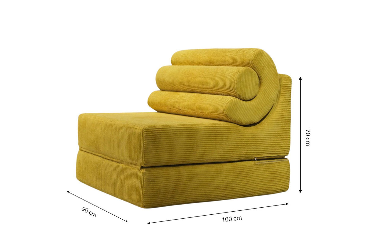 Ölgrünes 1-Sitzer Schlafsofa von Hanah Home aus Schaumstoff, ausgeklappt als Bett mit gepolsterter Sitzfläche und ohne sichtbares Gestell.