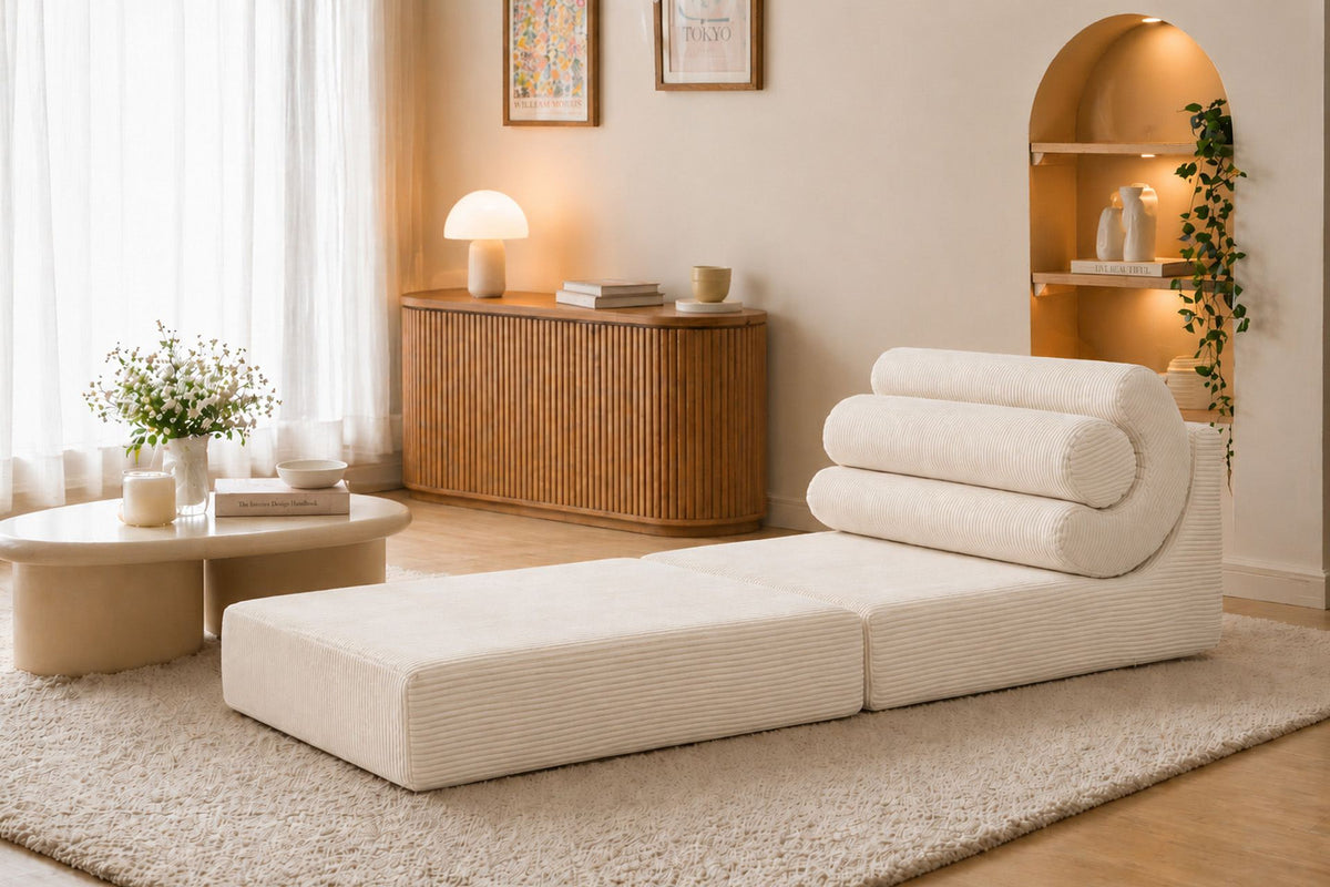 Weisses 1-Sitzer Schlafsofa Duo Relax von Hanah Home aus 28 DNS Schaumstoff, kompakte Form ohne Gestell, nutzbar als Sofa oder ausklappbares Bett.