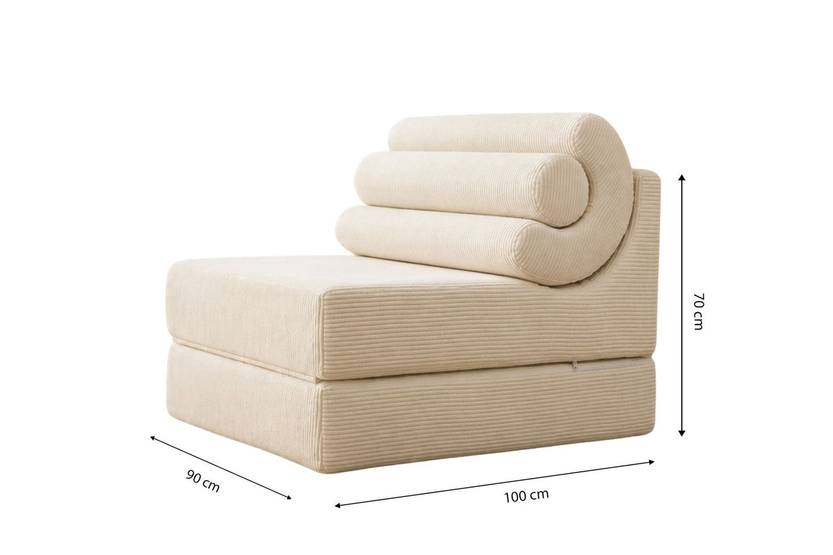 Weisses 1-Sitzer Schlafsofa Duo Relax von Hanah Home aus 28 DNS Schaumstoff, kompakte Form ohne Gestell, nutzbar als Sofa oder ausklappbares Bett.
