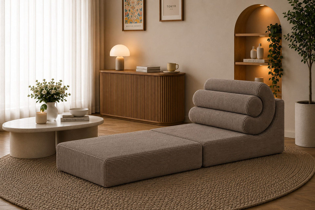 Rauchgraues 1-Sitzer Schlafsofa ohne Gestell aus 100% 28 DNS Schaumstoff, kompakte Sitzform, die sich zu einem Bett ausklappen lässt.