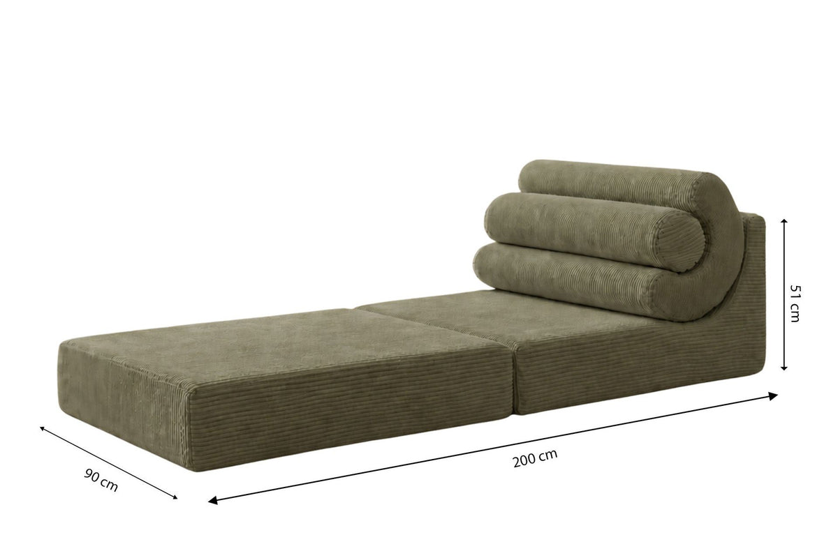 Mintfarbenes 1-Sitzer Schlafsofa Duo Relax von Hanah Home, ausgeklappt als Bett, ohne Rahmen, mit Schaumstoffpolsterung.