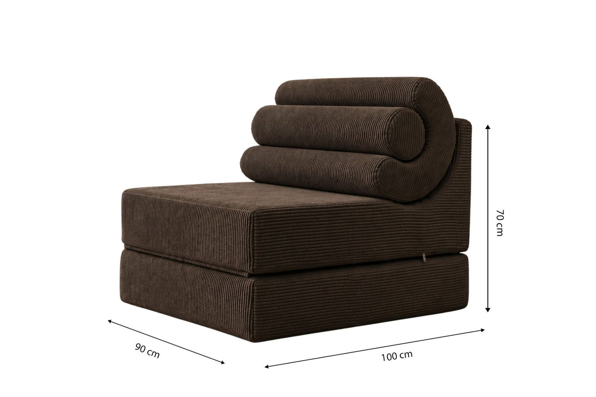 Dunkelgraues 1-Sitzer Schlafsofa Duo Relax von Hanah Home aus 28 DNS-Schaumstoff, kompakte Form ohne sichtbares Gestell, in Sofa-Position.
