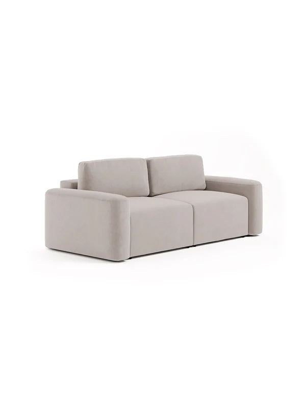 Ecrufarbenes 3-Sitzer Sofa Mono Lilly mit Gestell aus Buchenholz und Spanplatte, Kunststoffbeinen und gepolsterten Sitzkissen.