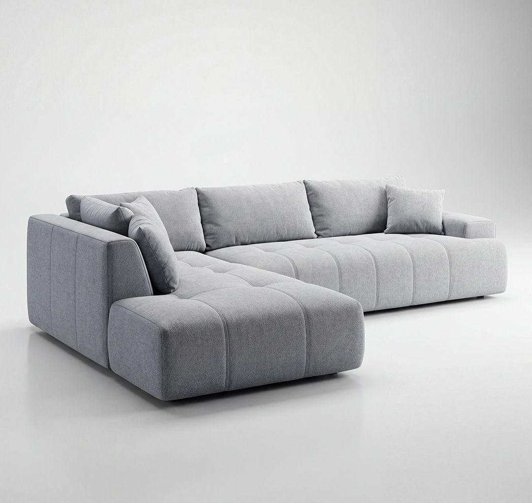 Ecksofa links Toledo von Hanah Home in Farbe Ecru mit Polyesterbezug, Gestell aus Buchenholz und Spanplatte, Kunststoffbeinen