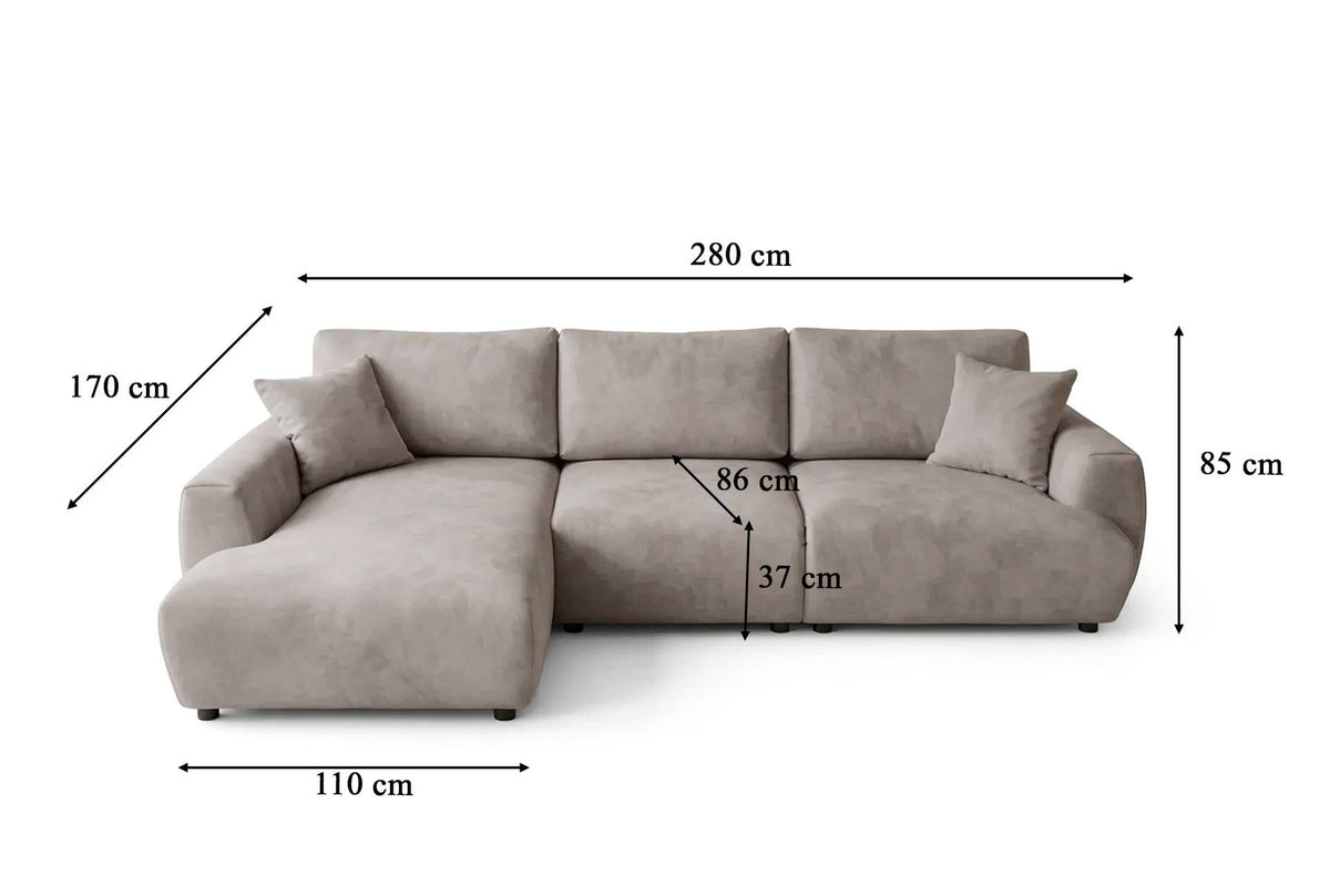 Beiges Ecksofa links mit Schlaffunktion, Polyesterbezug, Gestell aus Buchenholz und Spanplatte, Kunststoffbeine, Stauraum unter der Sitzfläche.
