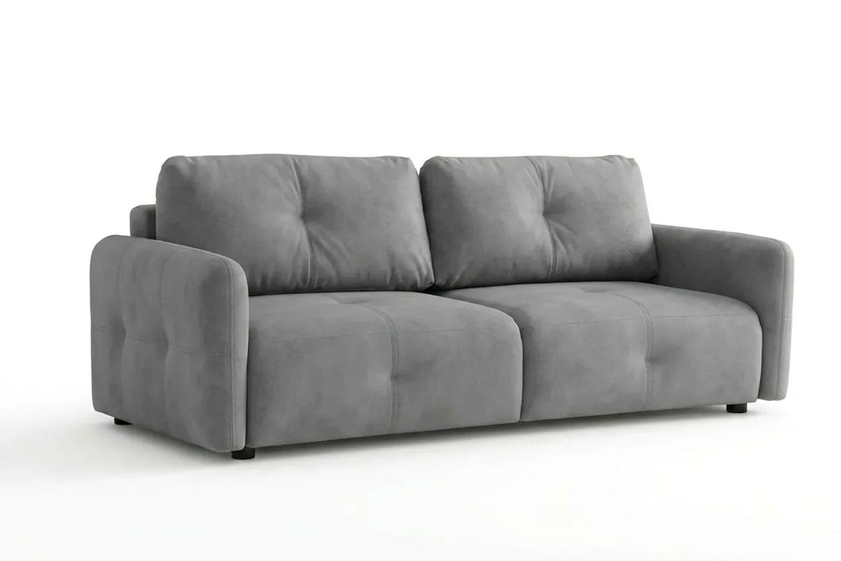 Graues 3-Sitzer Schlafsofa Magic von Hanah Home mit Polyesterbezug, Kunststoffbeinen und zwei Kissen auf hellem Hintergrund.