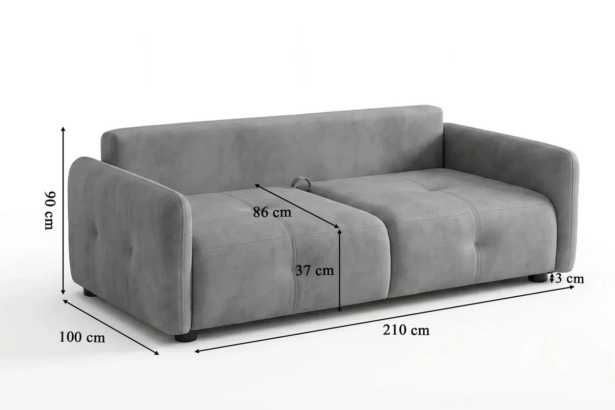 Graues 3-Sitzer Schlafsofa Magic von Hanah Home mit Polyesterbezug, Kunststoffbeinen und zwei Kissen auf hellem Hintergrund.