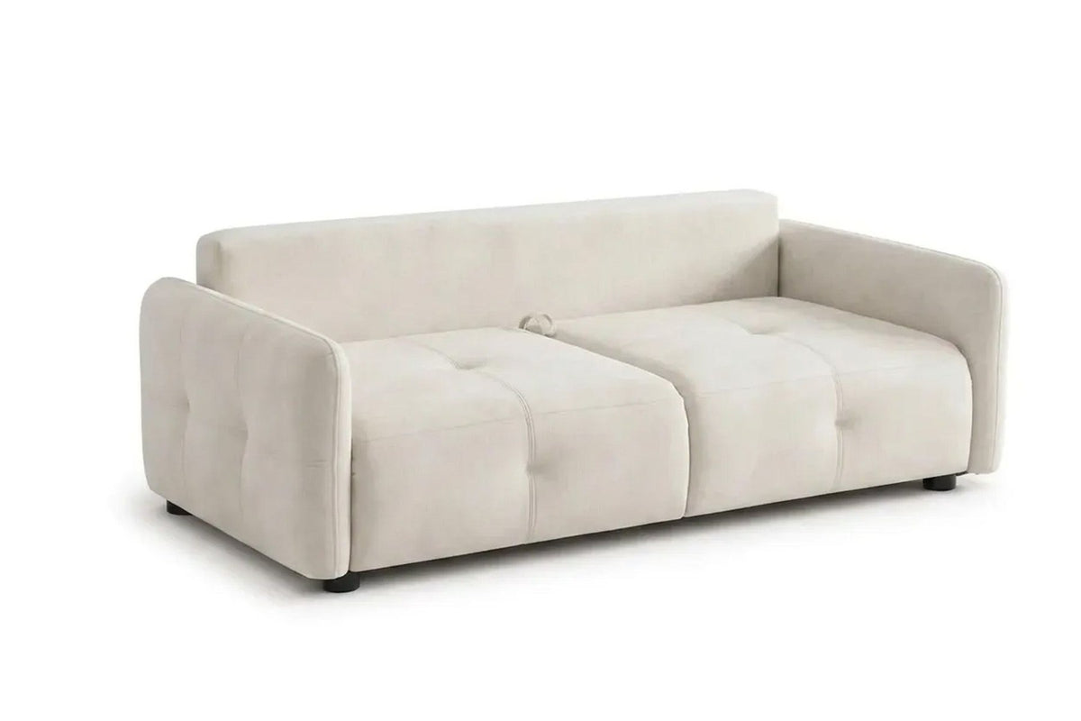 Ecrufarbenes 3-Sitzer Schlafsofa Magic von Hanah Home mit Polyesterbezug, Buchenholzgestell und Kunststoffbeinen im Wohnraum.