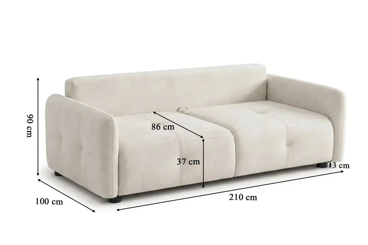 Ecrufarbenes 3-Sitzer Schlafsofa Magic von Hanah Home mit Polyesterbezug, Buchenholzgestell und Kunststoffbeinen im Wohnraum.