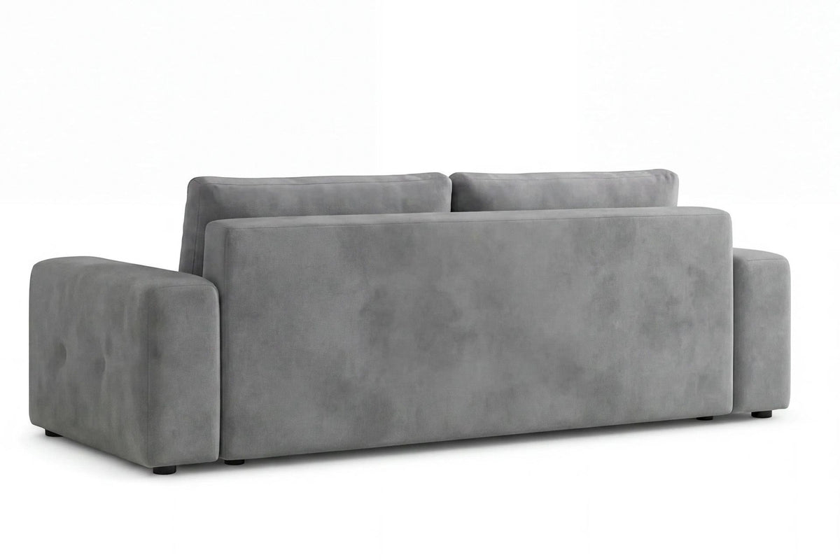 Graues 3-Sitzer Schlafsofa Magnum von Hanah Home mit Polyesterbezug, Kunststoffbeinen und sichtbarem Staufach unter der Sitzfläche.