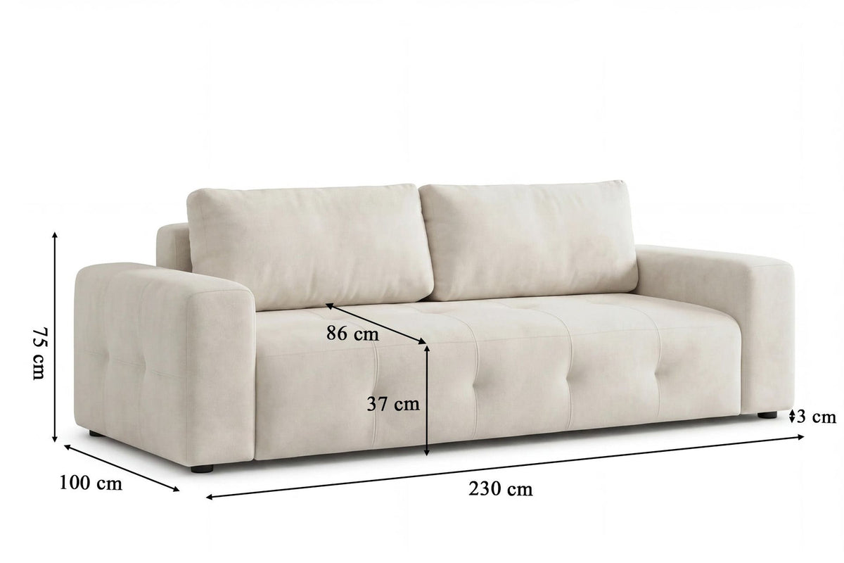 Magnum Schlafsofa von Hanah Home in Ecru: 3-Sitzer mit Polyesterbezug, Buchenholzgestell, Kunststoffbeinen und zwei Kissen.