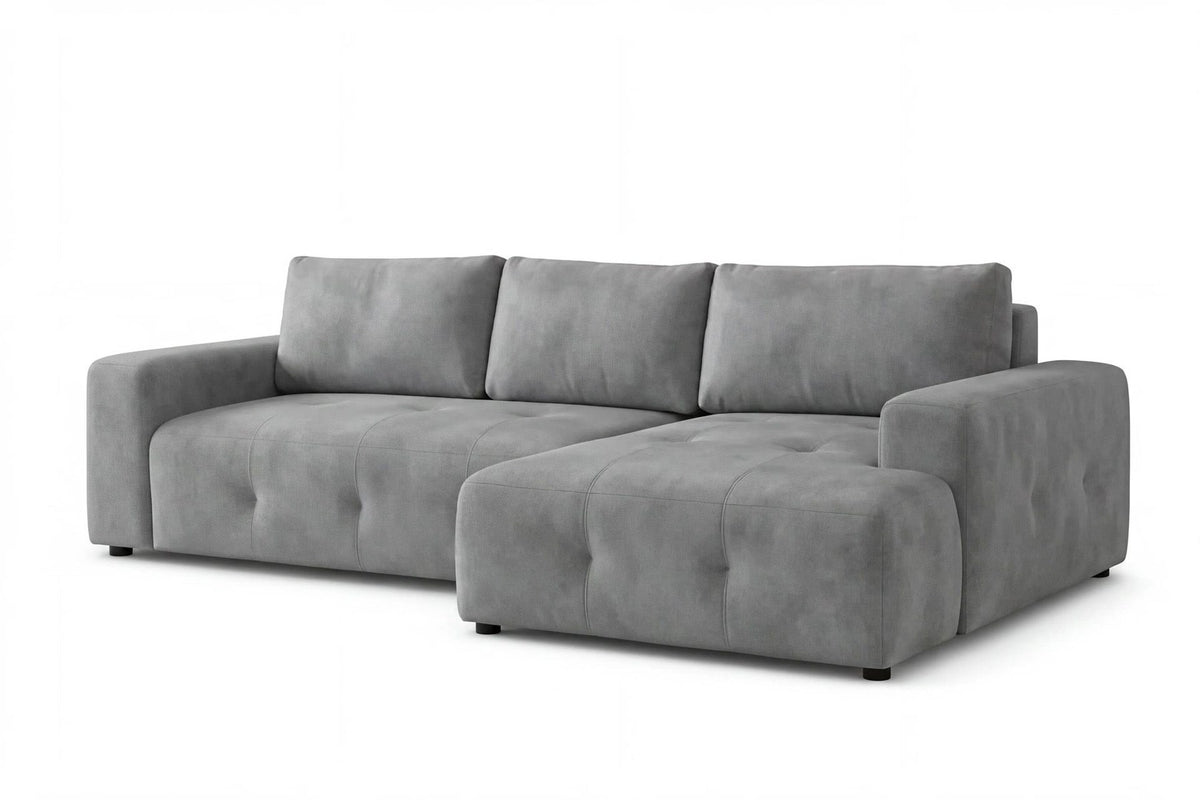 Graues Eck-Schlafsofa Magnum von Hanah Home aus Polyesterstoff mit Buchenholzgestell, rechts ausgerichtet, inklusive zwei Kissen.