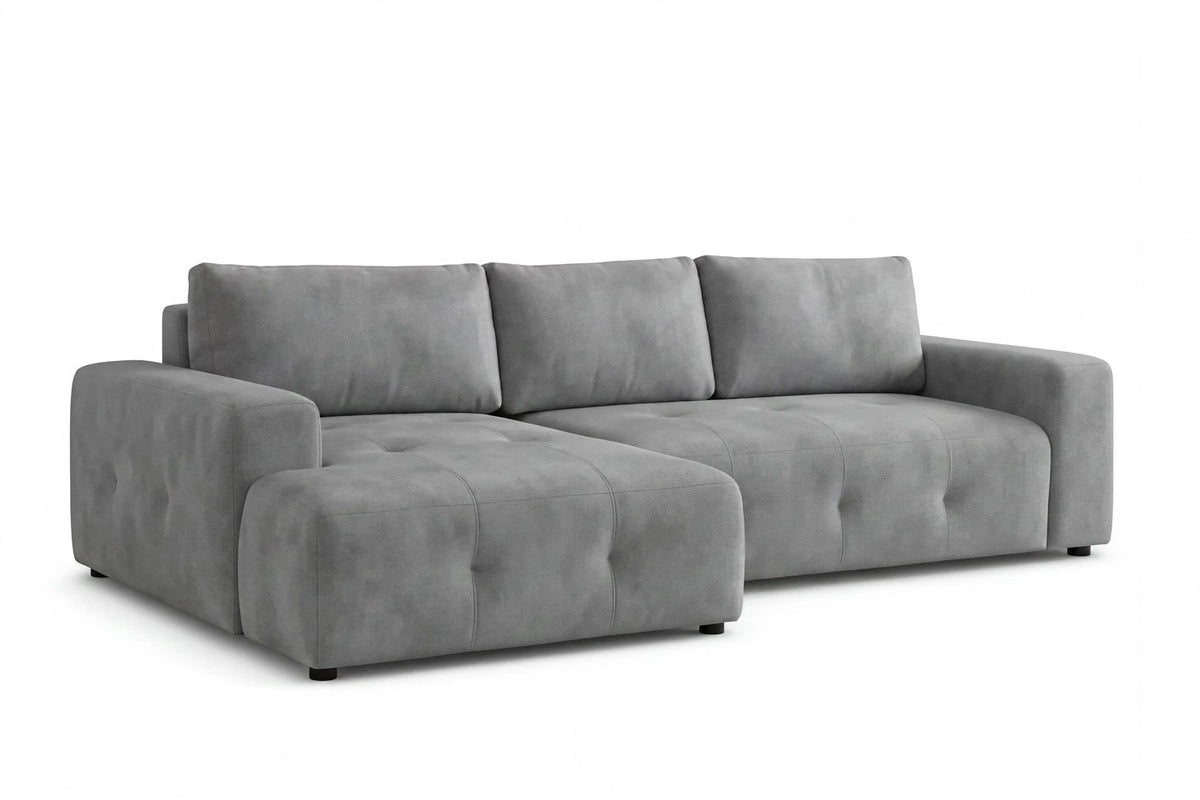 Graues Eck-Schlafsofa Magnum links aus Buchenholz und Polyesterbezug, mit Kunststoffbeinen, Stauraum und zwei losen Kissen auf der Sitzfläche.