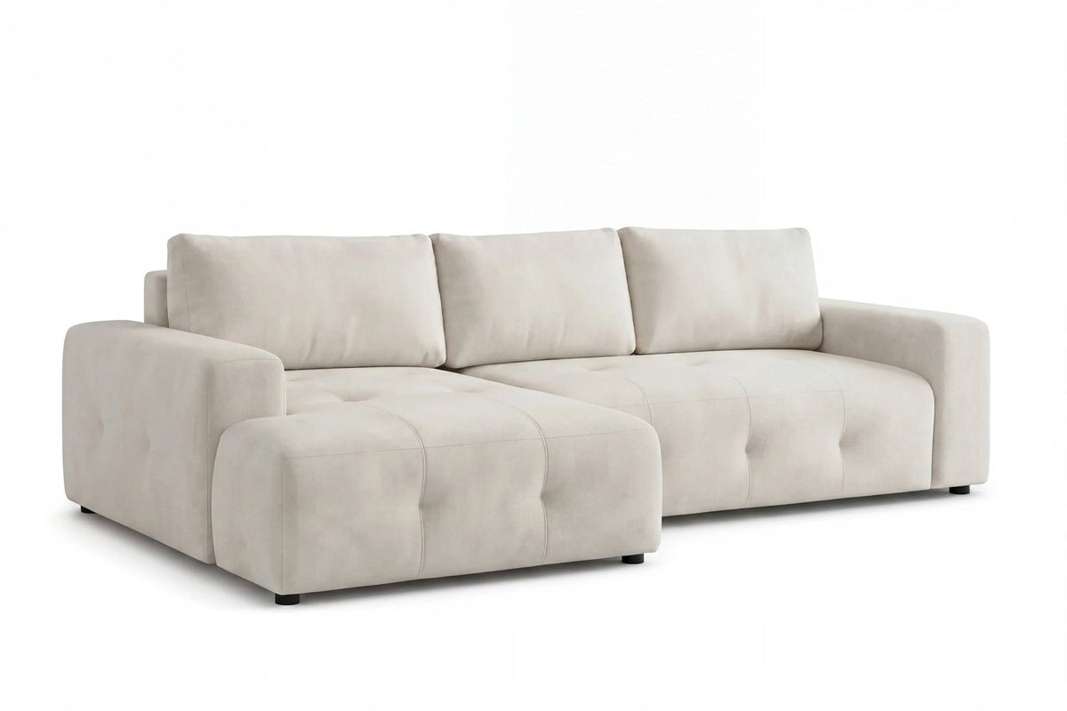Ecru-farbenes Eck-Schlafsofa Magnum von Hanah Home mit Polyesterbezug, Buchenholzgestell und Kunststoffbeinen, links ausgerichtet.