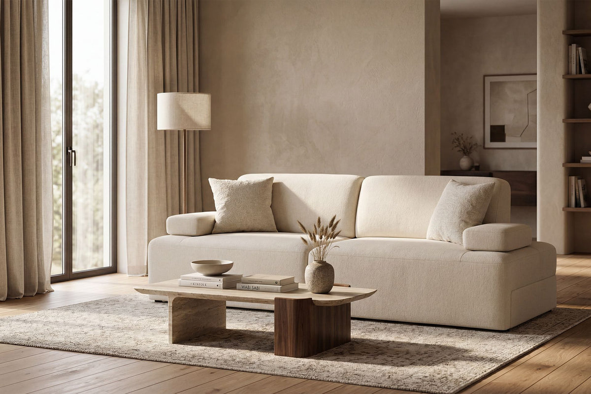 Cremefarbenes 3-Sitzer Sofa aus Polyesterstoff mit Buchenholzgestell, niedrigen Kunststoffbeinen und zwei Kissen.