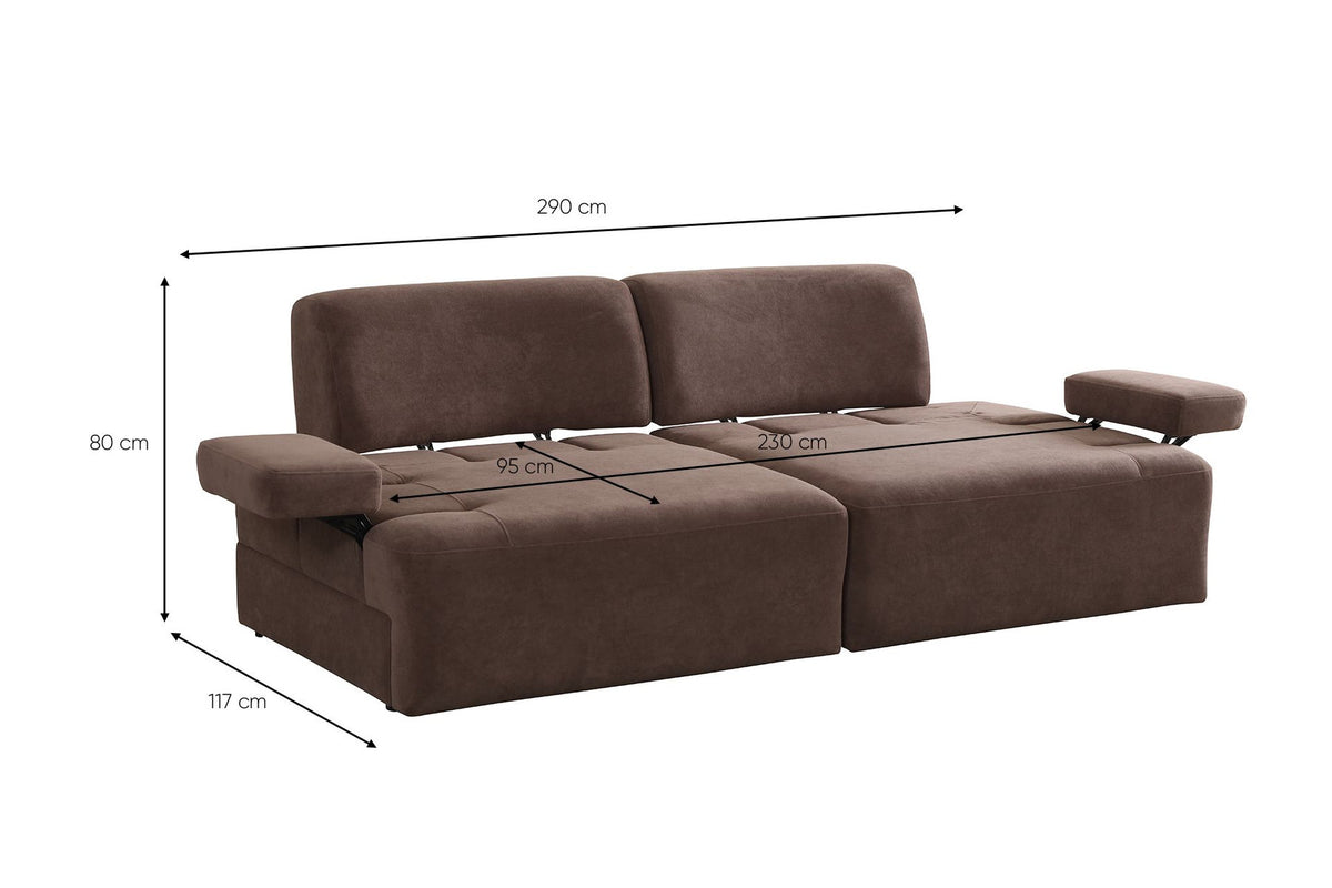 Braunes 3-Sitzer Sofa Madlen von Hanah Home mit niedrigen Kunststoffbeinen, Polyesterbezug, zwei Kissen und sichtbarem Gestell aus Buchenholz.