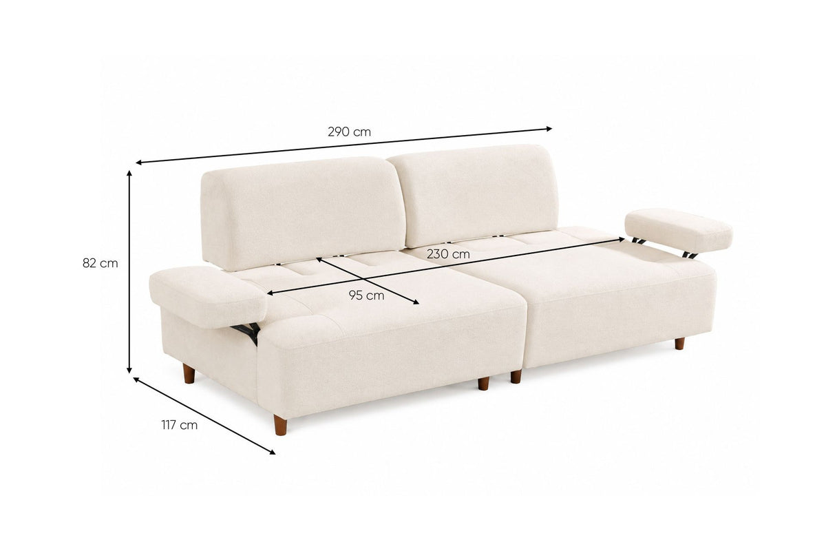 Cremefarbenes 3-Sitzer-Sofa Madlen von Hanah Home mit Polyesterbezug, Kunststoffbeinen und zwei Kissen auf Buchenholzgestell