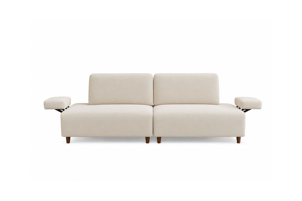 Cremefarbenes 3-Sitzer-Sofa Madlen von Hanah Home mit Polyesterbezug, Kunststoffbeinen und zwei Kissen auf Buchenholzgestell