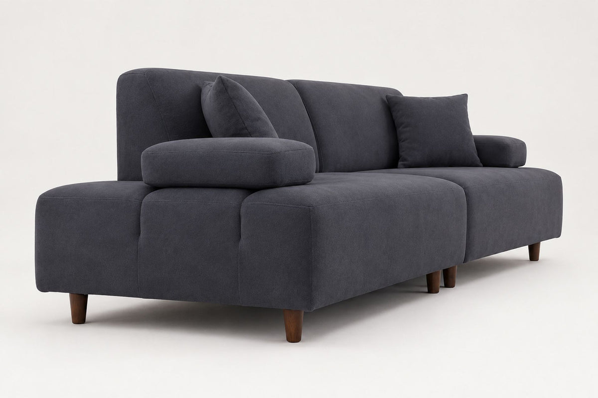 Petrolblaues 3-Sitzer-Sofa Madlen mit Polyesterbezug, hohen Kunststoffbeinen und geradliniger Form, Gestell aus Buchenholz und Spanplatte.