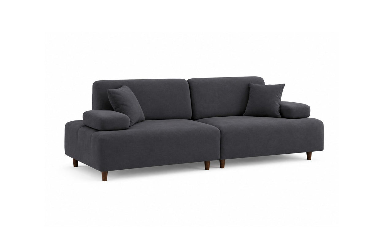 Petrolblaues 3-Sitzer-Sofa Madlen mit Polyesterbezug, hohen Kunststoffbeinen und geradliniger Form, Gestell aus Buchenholz und Spanplatte.