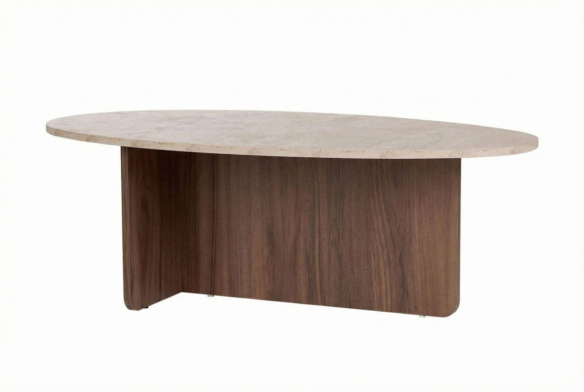 Rechteckiger Couchtisch aus melaminbeschichteter Spanplatte in Travertin-Optik mit Venezia-Nussbaum-Farbton, schlichte moderne Form.