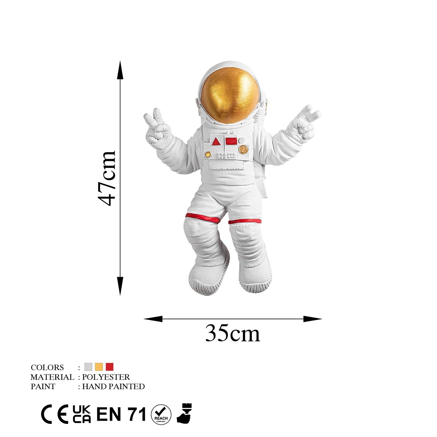 Verleihen Sie Ihrem Raum mit der stilvollen Wanddeko "Peace Sign Astronaut" von Wallity in Weiß und Gold einen Hauch von Luxus und Kreativität!