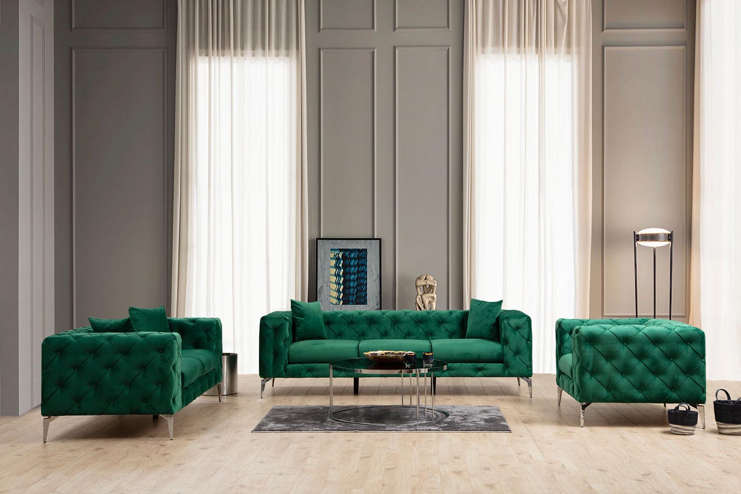 Erleben Sie das Como - Green Sofa: Ein elegantes 3-Sitzer-Möbelstück, das Komfort und modernes Design in Ihr Zuhause bringt.