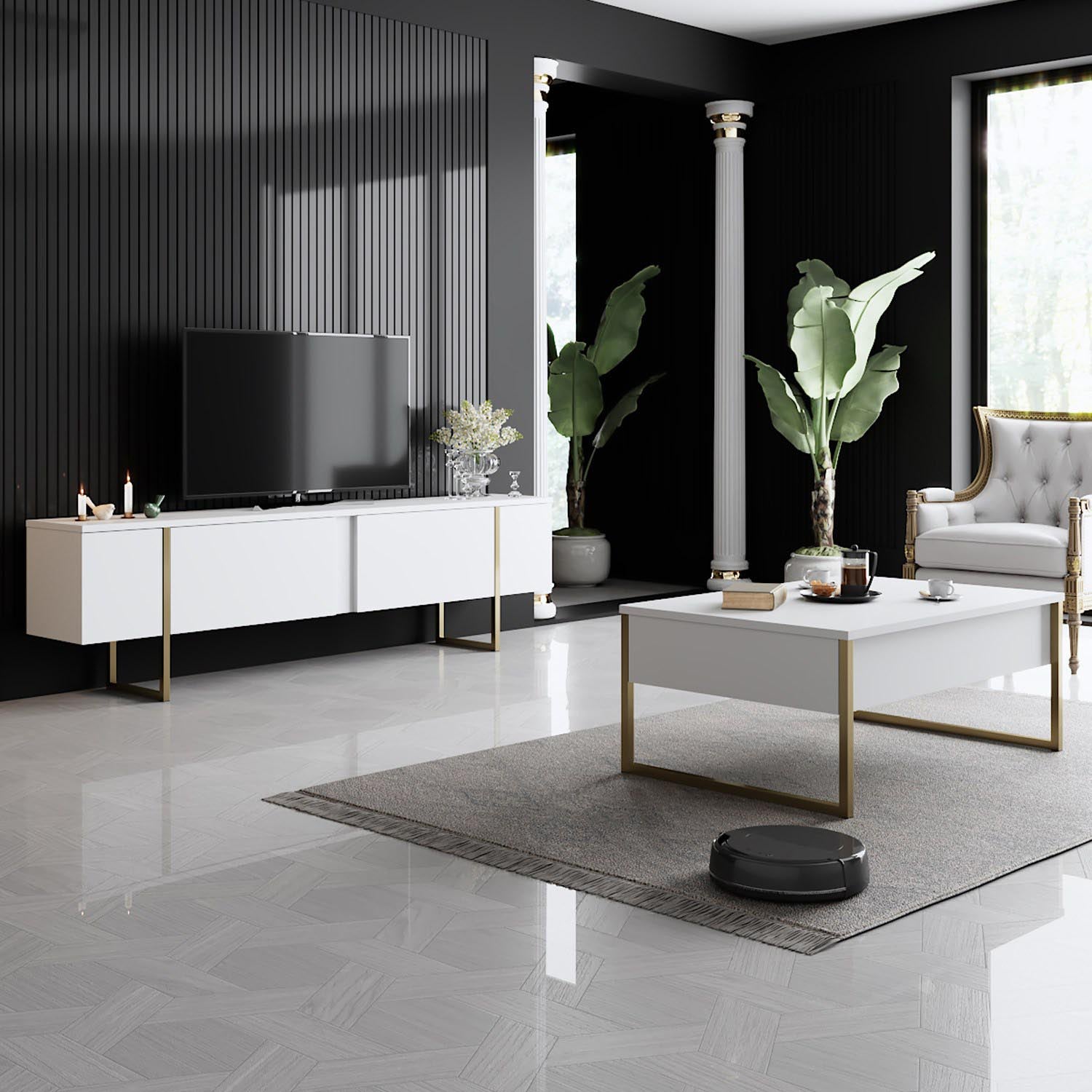Verleihen Sie Ihrem Wohnzimmer mit dem TV-Ständer Luxe - White, Gold von Hanah Home einen Hauch von Luxus. Elegantes Design, robuste Bauweise und großzügiger Stauraum für Ihre Unterhaltungstechnik.