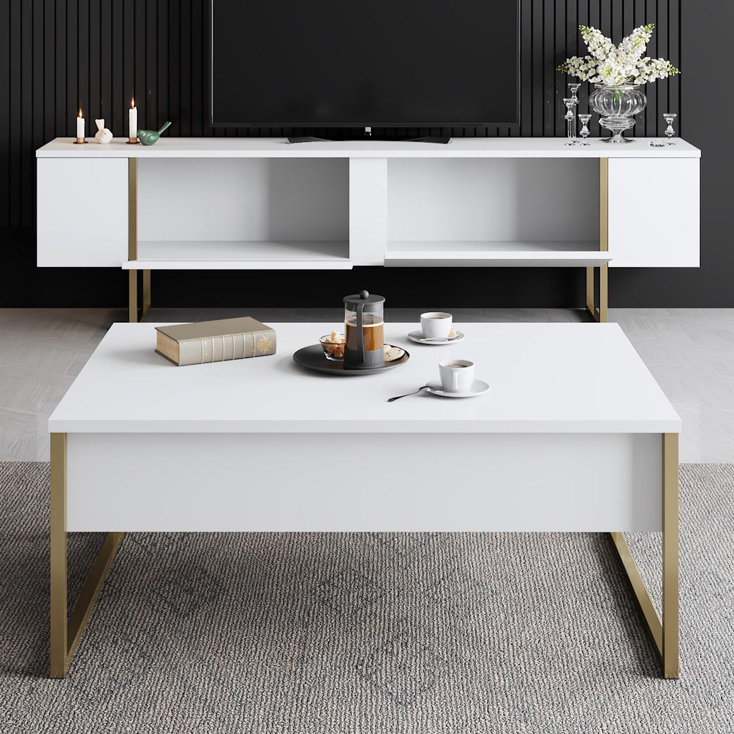 Entdecken Sie den luxuriösen TV-Ständer Luxe - White, Gold von Hanah Home. Elegantes Design trifft auf praktische Funktionalität für Ihr modernes Zuhause.