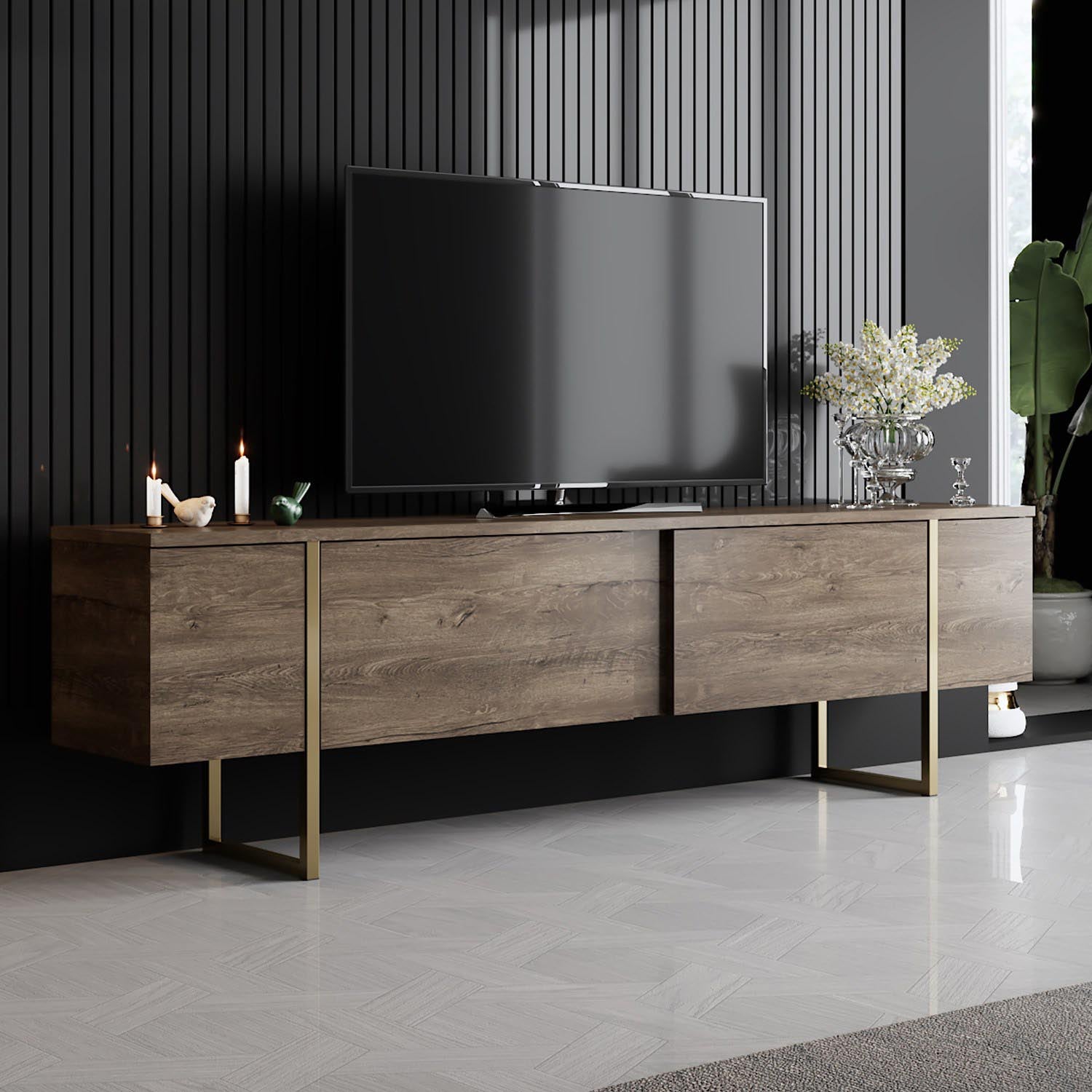 Entdecken Sie den eleganten TV-Ständer Luxe - Walnut, Gold von Hanah Home. Stilvolles Design trifft auf höchste Qualität für Ihr Wohnzimmer.