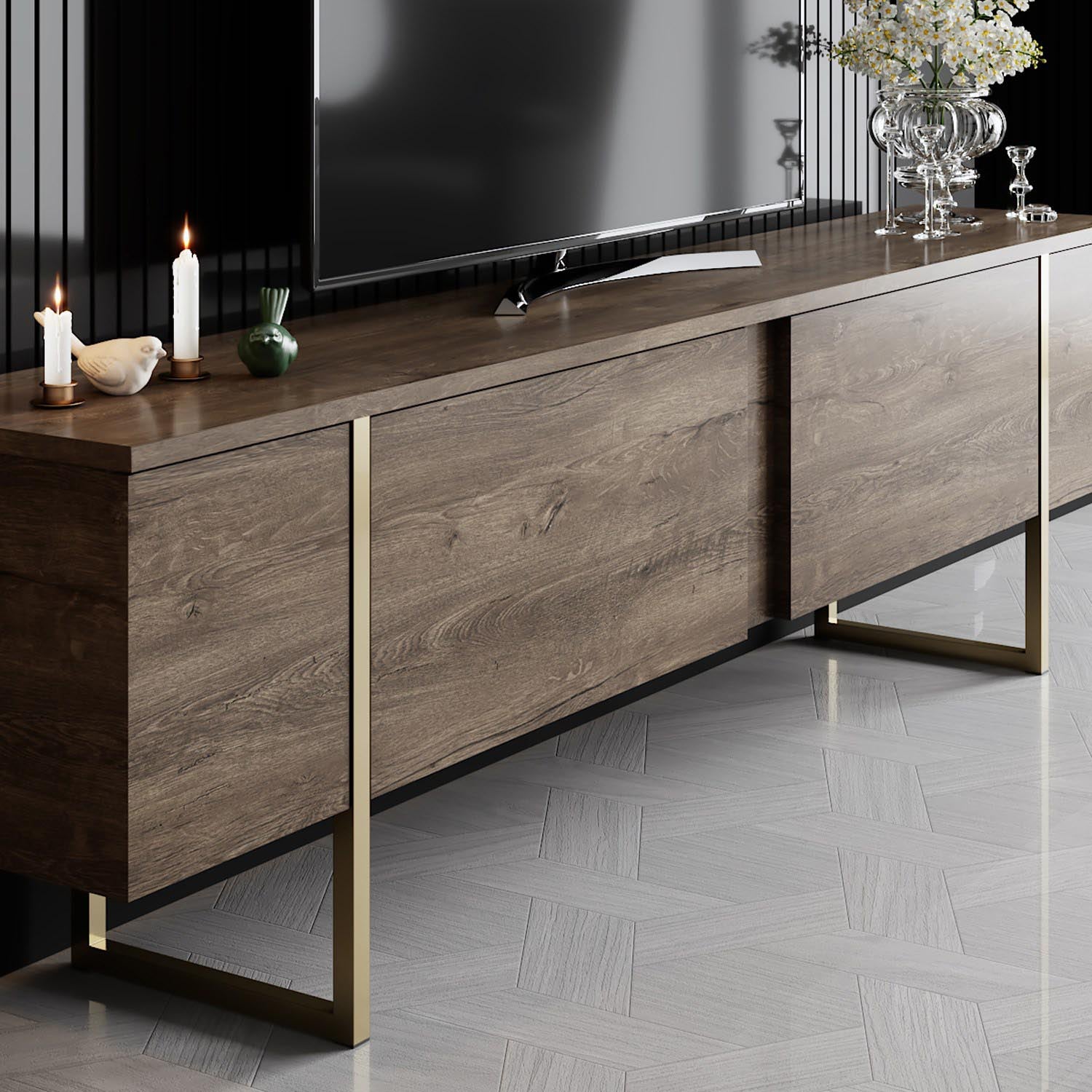 Entdecken Sie den eleganten TV-Ständer Luxe - Walnut, Gold von Hanah Home. Hochwertige Verarbeitung und stilvolles Design für Ihr Wohnzimmer.