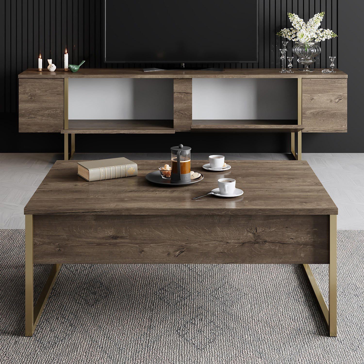 Erleben Sie mit dem TV-Ständer Luxe - Walnut, Gold von Hanah Home eine stilvolle Kombination aus Eleganz und Funktionalität. Hochwertige Verarbeitung und luxuriöses Design.