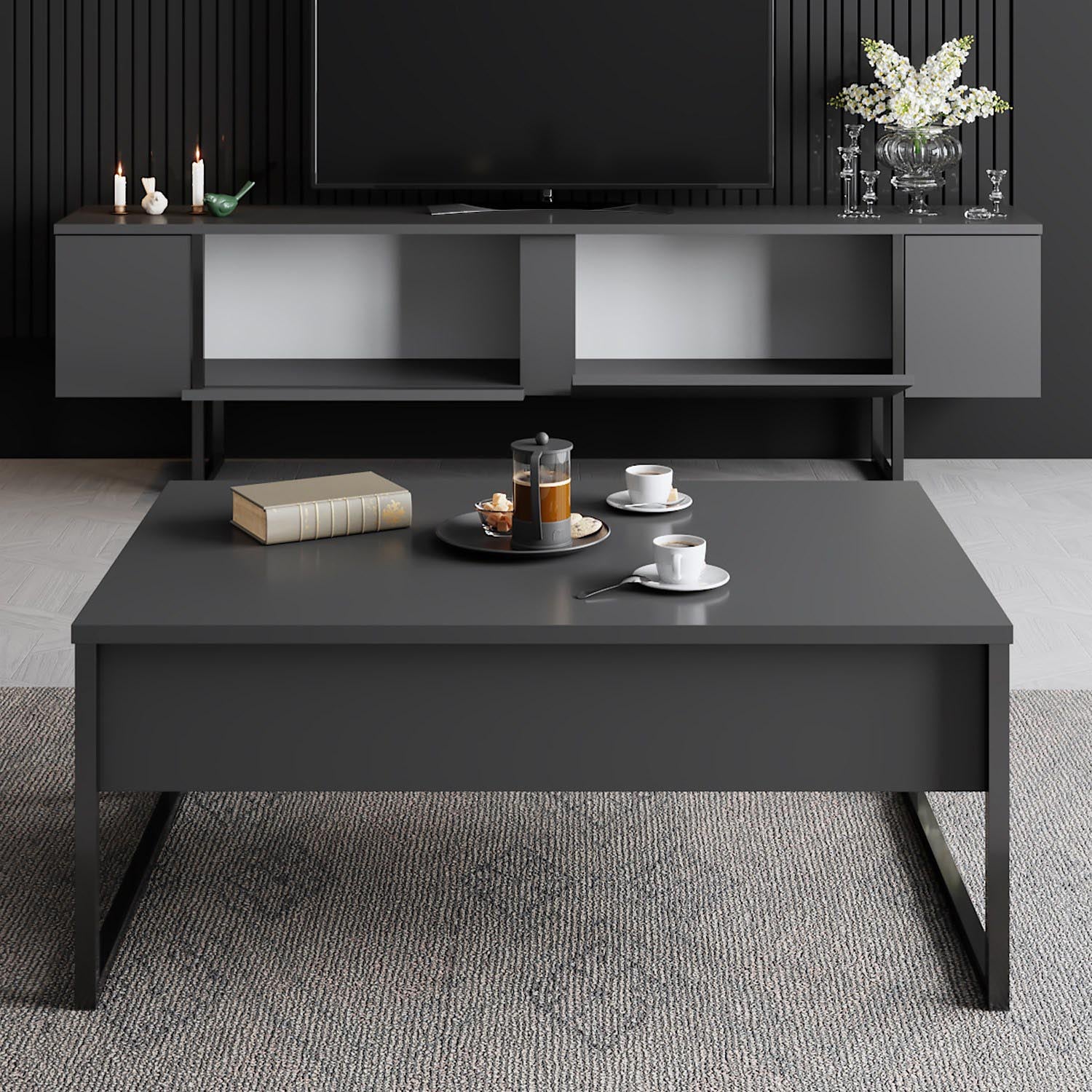 Gestalten Sie Ihr Wohnzimmer neu mit dem eleganten TV-Ständer Luxe von Hanah Home. Funktionalität trifft auf modernes Design in Anthrazit und Schwarz.