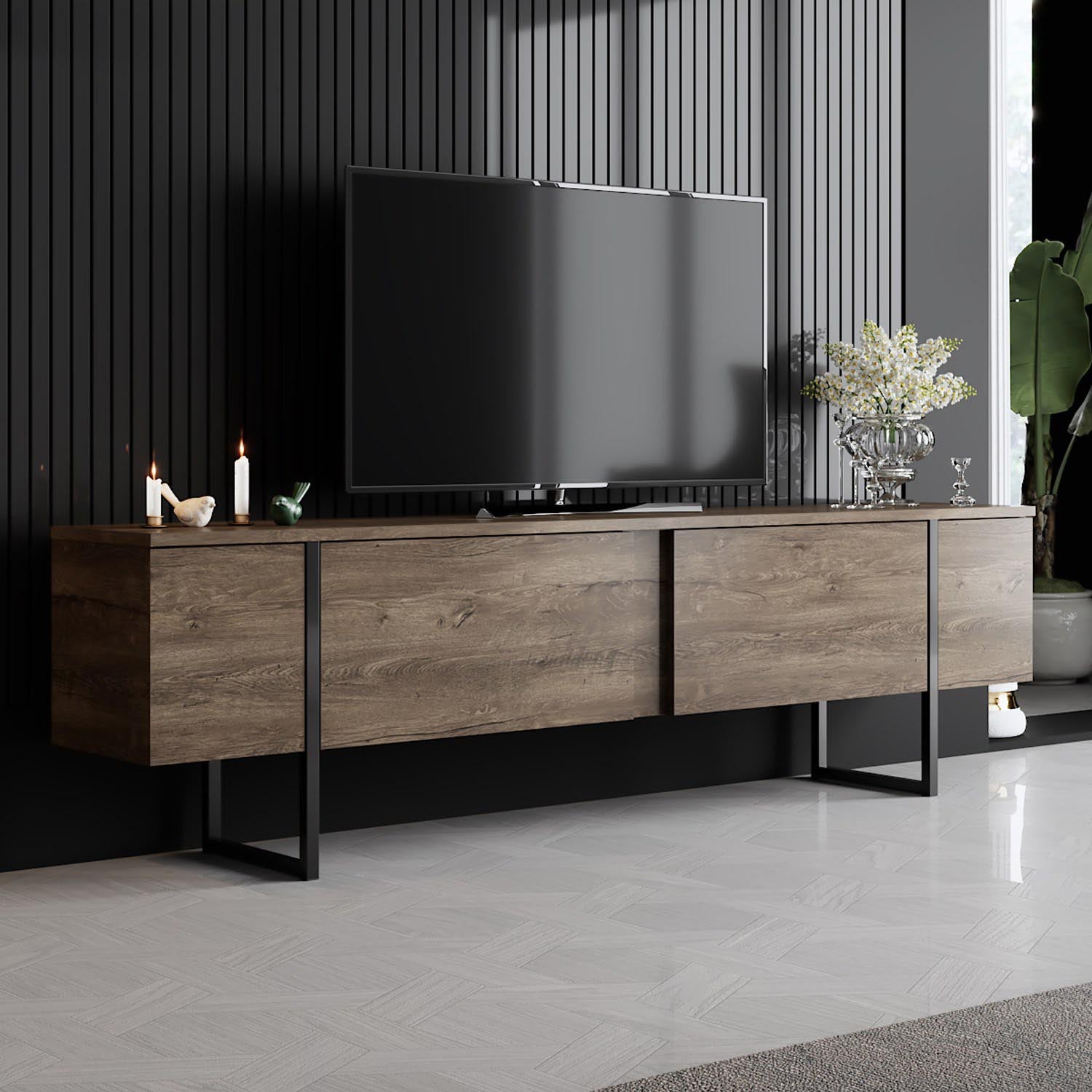 Entdecken Sie den eleganten TV-Ständer Luxe - Walnut, Black von Hanah Home. Stilvolles Design, robust und mit viel Stauraum für Ihr Wohnzimmer.